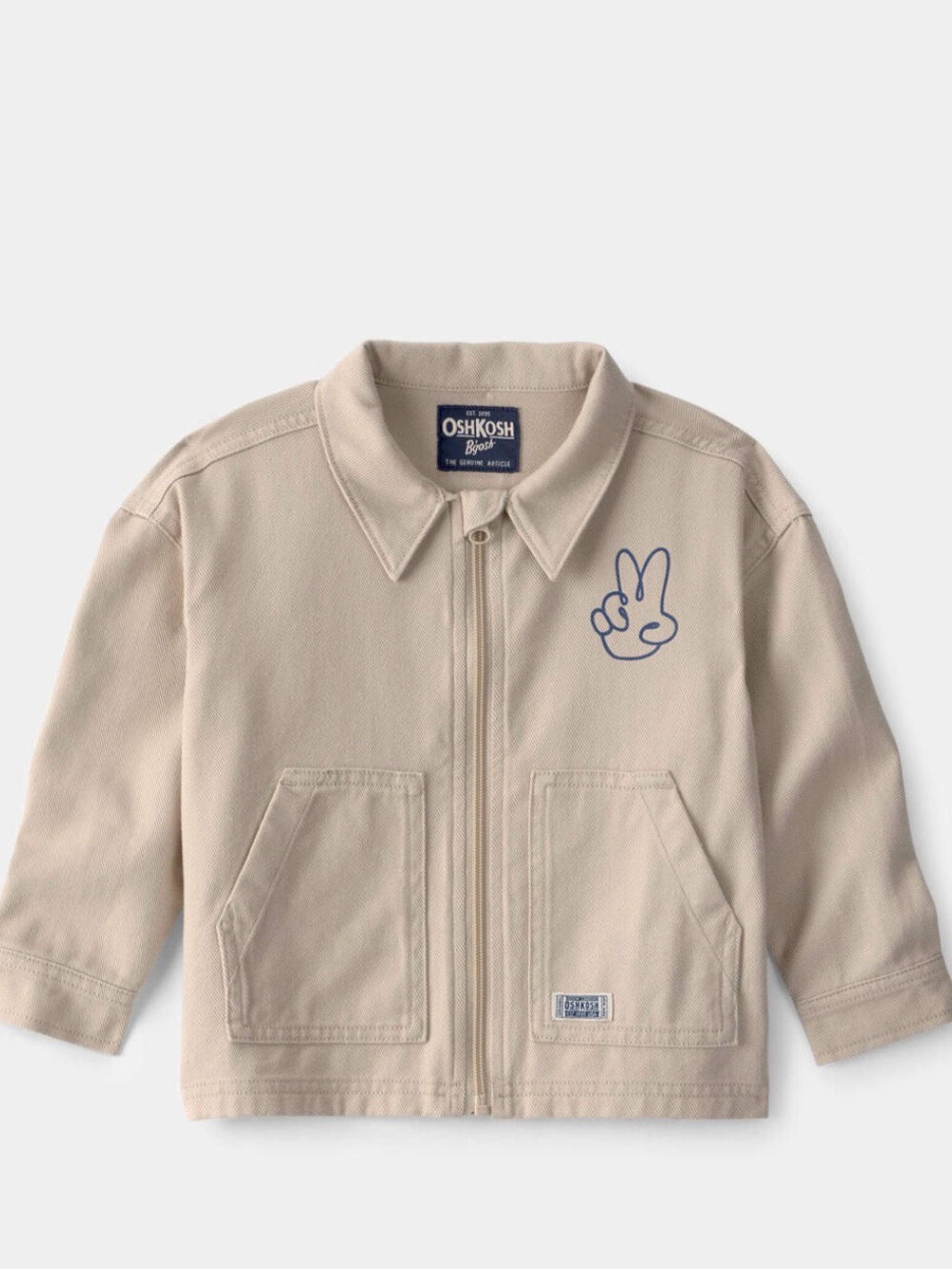 🚫Never Weared🚫OshKosh B'gosh Kids Beige Zip-Front Jacket with Peace Hand Graphic